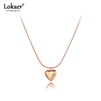 Lokaer Romantic Titanium Stainless Steel Lovely Heart Charm Necklaces Jewelry 3D Pendant Snake Chain Necklace For Women N20129