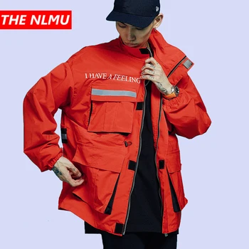 

Harajuku Men Windbreaker Jacket Multi Pocket Hip Hop Streetwear Jacket and Coat Reflective Design Zipper Track Jacket WG647