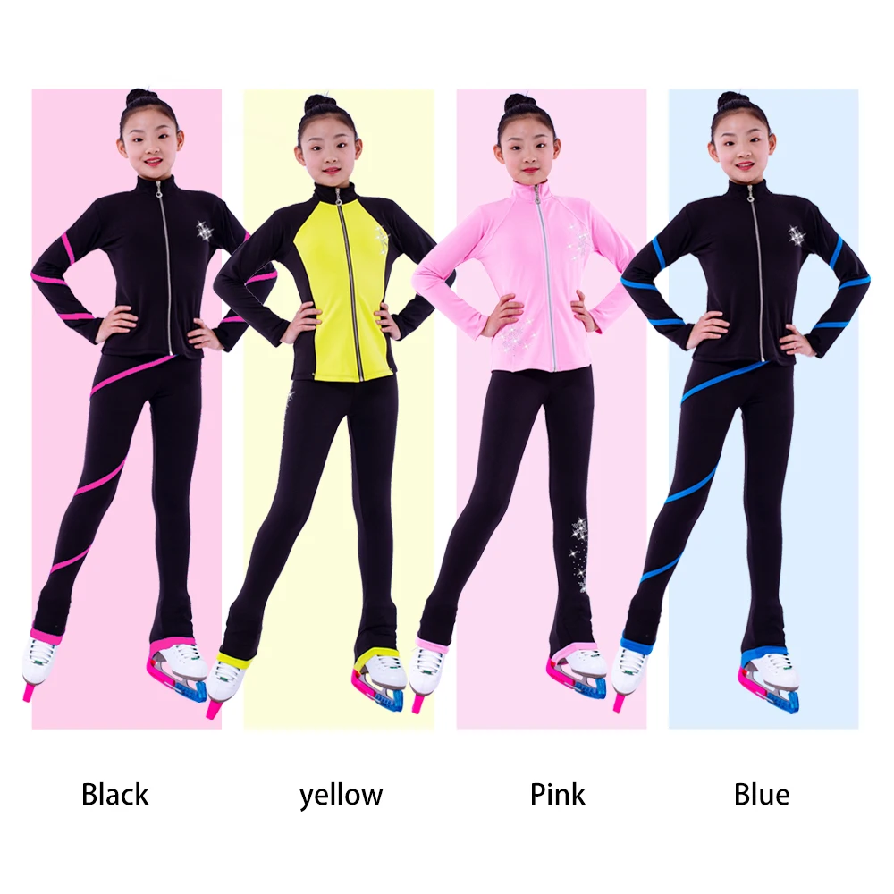 New Ice Figure Skating Jacket Pants Women Girl Trousers Top Black Teens Children Kids Colored Blue Rhinestones Training
