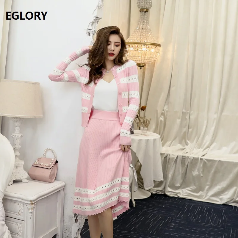 

2019 Autumn Fashion Cardgian Suits Women Color Block Knitted Cardigan Sweater+Mid-Calf Length Pink Skirt Set Casual Knit Wear