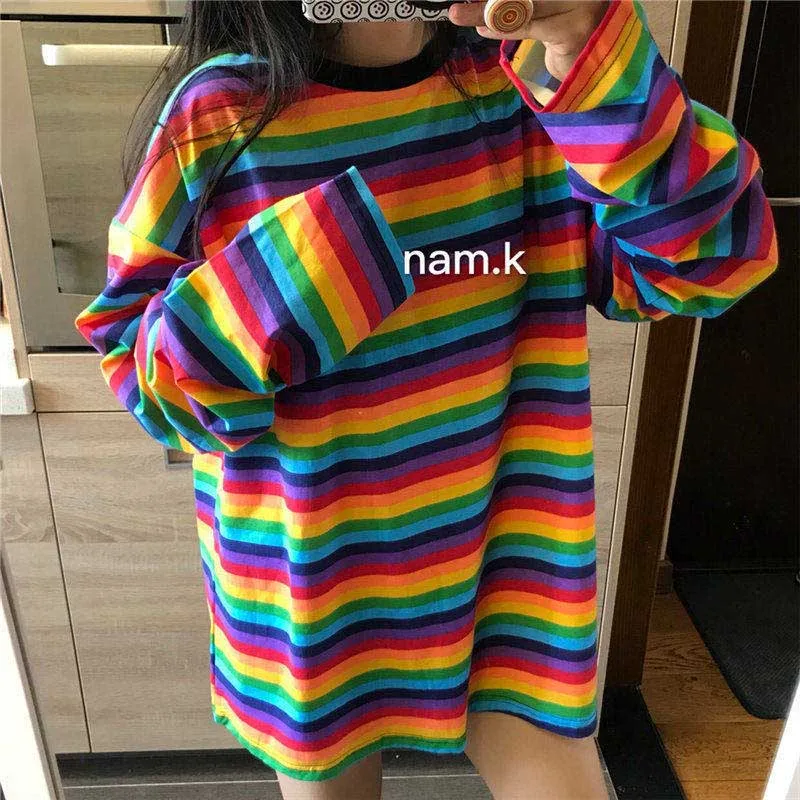 rainbow striped Весна осень большие женские футболки Длинные конфеты Уличная Повседневная полосатая футболка Harajuku Лоскутные Топы с длинным рукавом Радуга - Цвет: rainbow striped