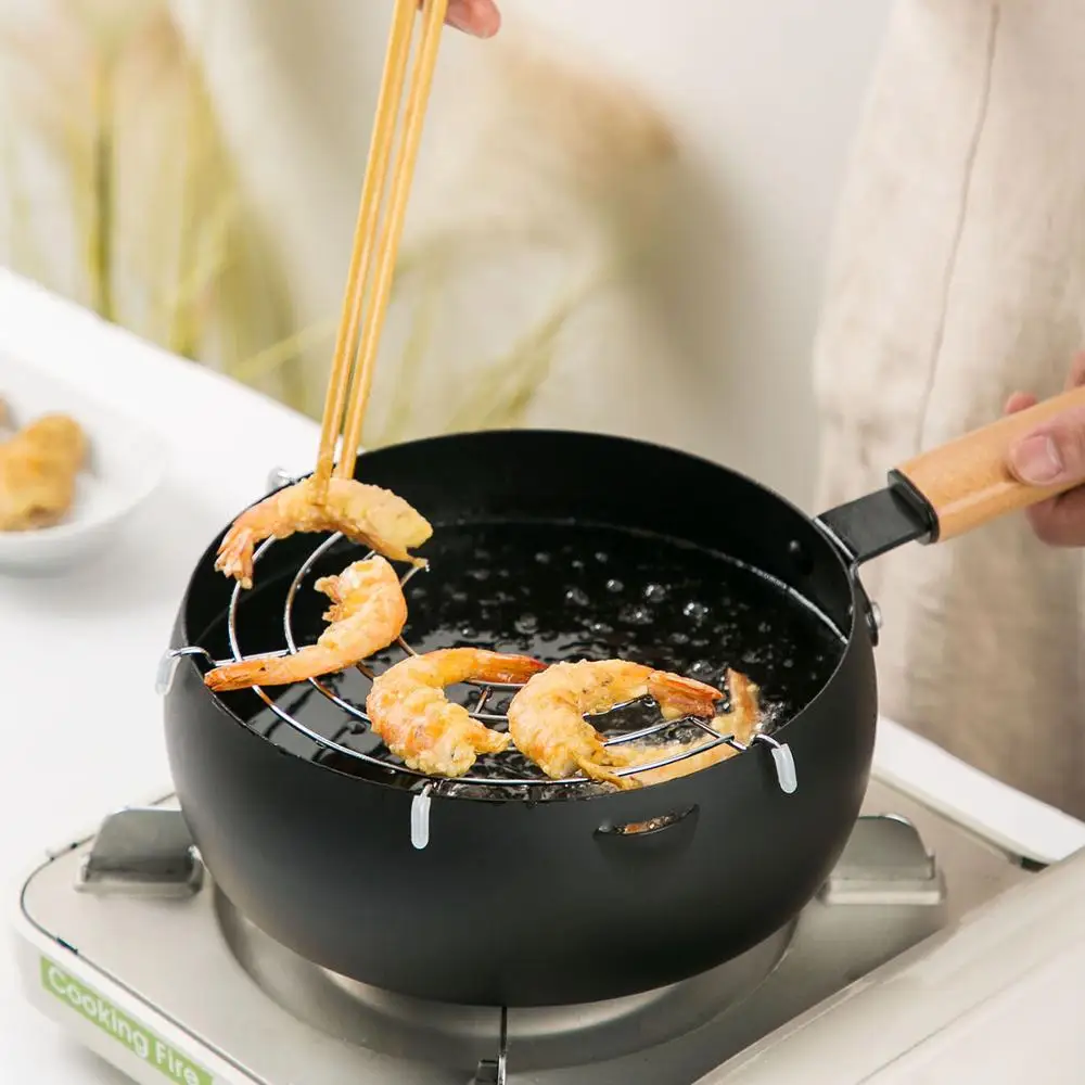 Кухонный горшок темпура сковорода японский стиль фритюрница горшки для жарки с корзиной деревянная ручка кухонная посуда для дома кухня