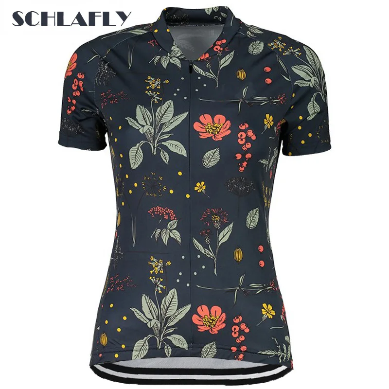 Women black cycling jersey short sleeve summer bike wear road woman flowers jersey cycling clothing bicycle clothes schlafly