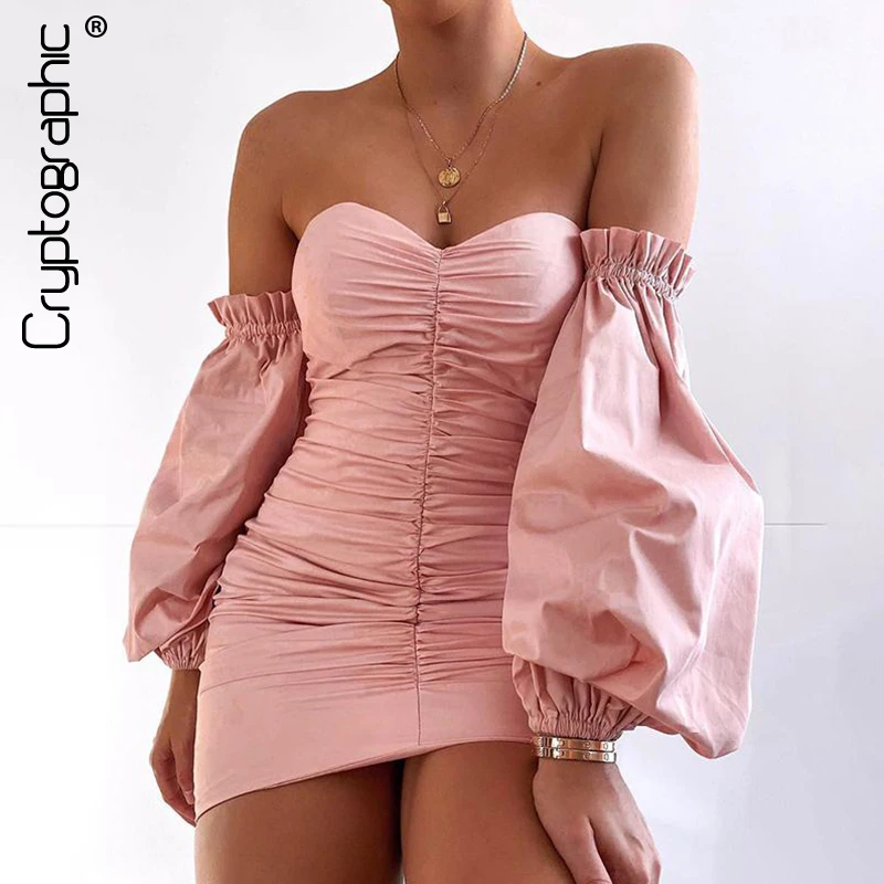 pink Криптографическое сексуальное платье без бретелек с рюшами, элегантное мини-платье с длинным рукавом и открытой спиной, однотонное платье на молнии, весна - Цвет: pink