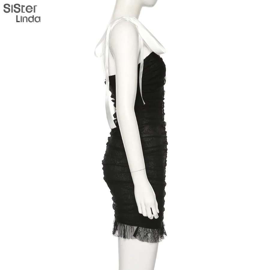 Sisterlinda летнее платье с глубоким v-образным вырезом и кружевной сеткой, женское эластичное облегающее платье с высокой талией, женское платье без рукавов, Vestido Mujer