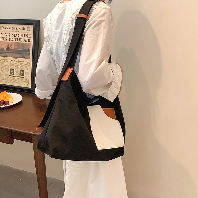 Large Capacity Canvas Tote Bags for Women 2021 New Contrast Color Bucket Travel Bag Simple Fashion Girl's Shopper Shoulder Totes