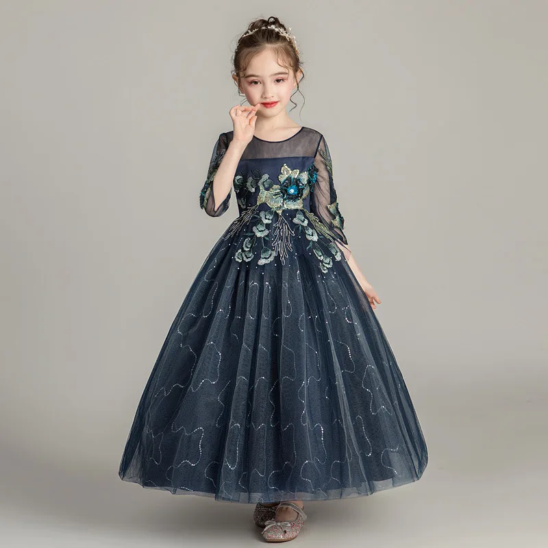 Новинка весны официальная Вечеринка Костюмы) бутиковая детская элегантное, цветочное, кружевное платье с цветочным узором для девочек Темно-синие детская розовая/белая бальное платье - Цвет: navy
