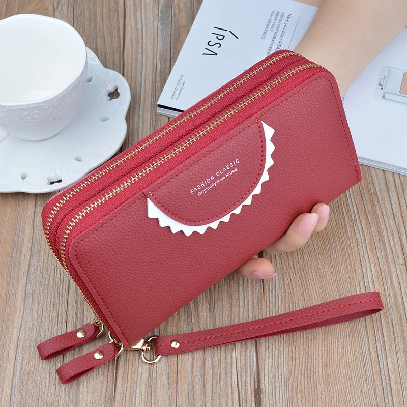 

2020 new double zipper wallet ladies long mother double layer large capacity lychee pattern wallet mobile phone clutch