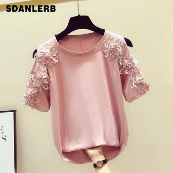 

Lace Sequined Three-dimensional Flowers T-shirt Women's Short-Sleeve Tshirt New Loose-Fit Summer Off-Shoulder T Shirts Tops