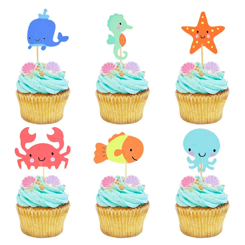 24pcs Ocean Animal Cupcake Toppers Under the Sea Party Cake Flags Boy Baby Shower Mermaid Theme Birthday Party Cake Decorations