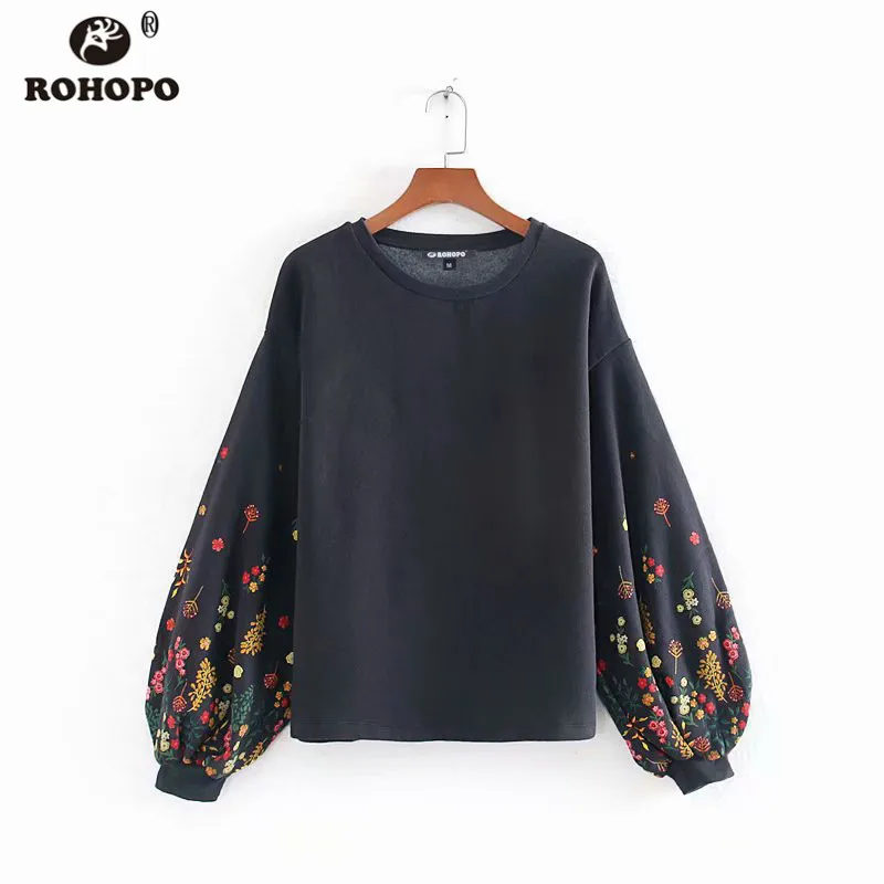 ROHOPO, с пышными рукавами, с круглым воротником, серая толстовка, с цветочным принтом, с манжетами, хлопок, Джерси, Фабричный, зимний женский пуловер, топ, толстовки 9461 - Цвет: Темно-серый