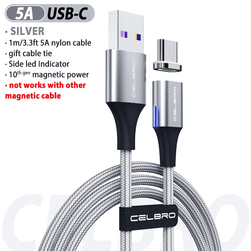 5А Магнитный usb type-C кабель для huawei mate 30 20 P30 P20 Pro Lite USB-C магнит Быстрая зарядка type C зарядное устройство type-c шнур для передачи данных - Цвет: Silver