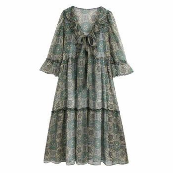 

Women vintage totem flower print cascading ruffles casual midi dress lady butterfly sleeve Vestidos Chic straight Dresses DS3402