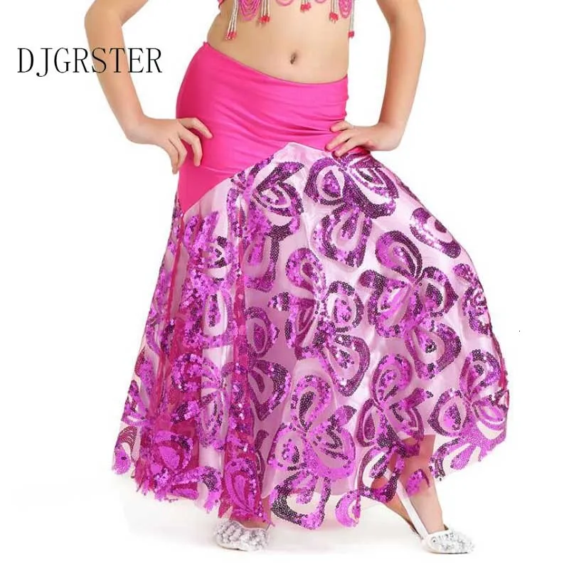 DJGRSTER 1pcslot children Sequins belly dancing skirt girl chiffon candy color Split long dancing skirt stage performance skirt (6)