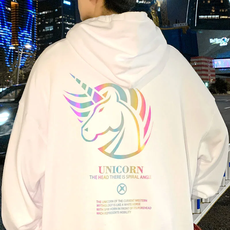 

Kawaii Creative Reflective Men's Horse Print Patchwork Trend Hoodies Loose Unisex Hip Hop Sweatshirt Autumn 2021 Hot Streetwear