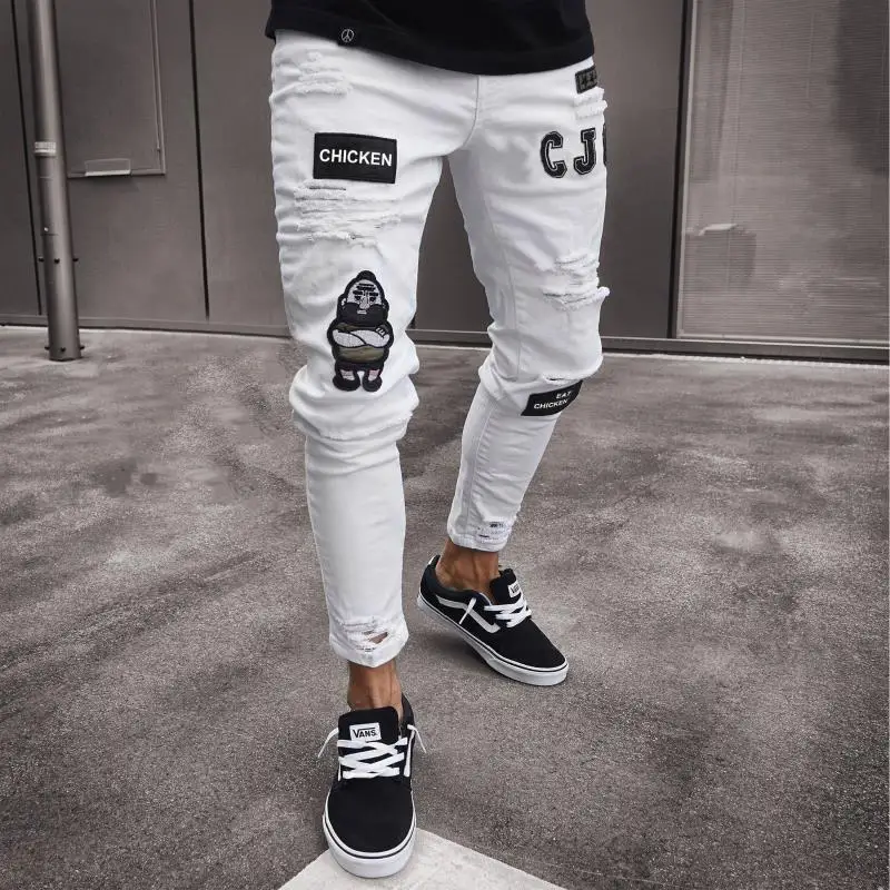 Новые обтягивающие мужские джинсы Уличная рваные джинсы Homme Hip Hop Broken modis мужские узкие байкерские брюки с вышивкой