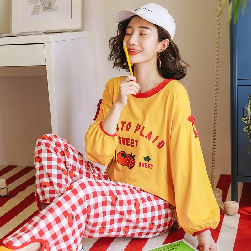 

8725 # Lettered Tomato Cm Pullover Long Sleeve Korean-style Sweet Pajamas Tracksuit Piece Series