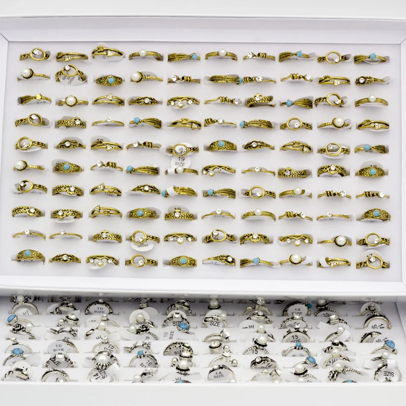 50 pcs/lot Mix Styles Bohemia Womens Imitation Pearl Finger Ring Antique Crystal Knuckle Ring Wholesale Gifts