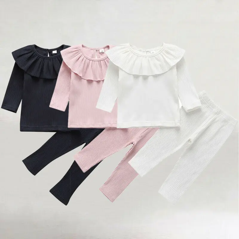 

Baby Girl Long Sleeve Knitted long sleeve clothing set Ruffle Tops T-Shirt Leggings Pants Solid autumn Clothes
