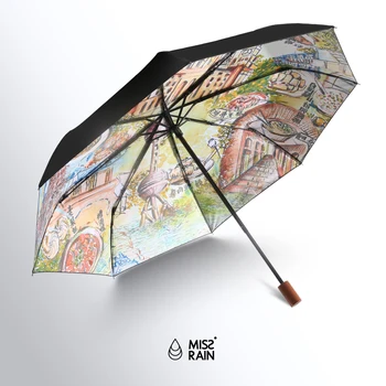 

City Sun Protection Umbrellas Parasol Women Rain Black Coating Umbrellas Creative Wooden Handle Umbrellas Uv Protection W
