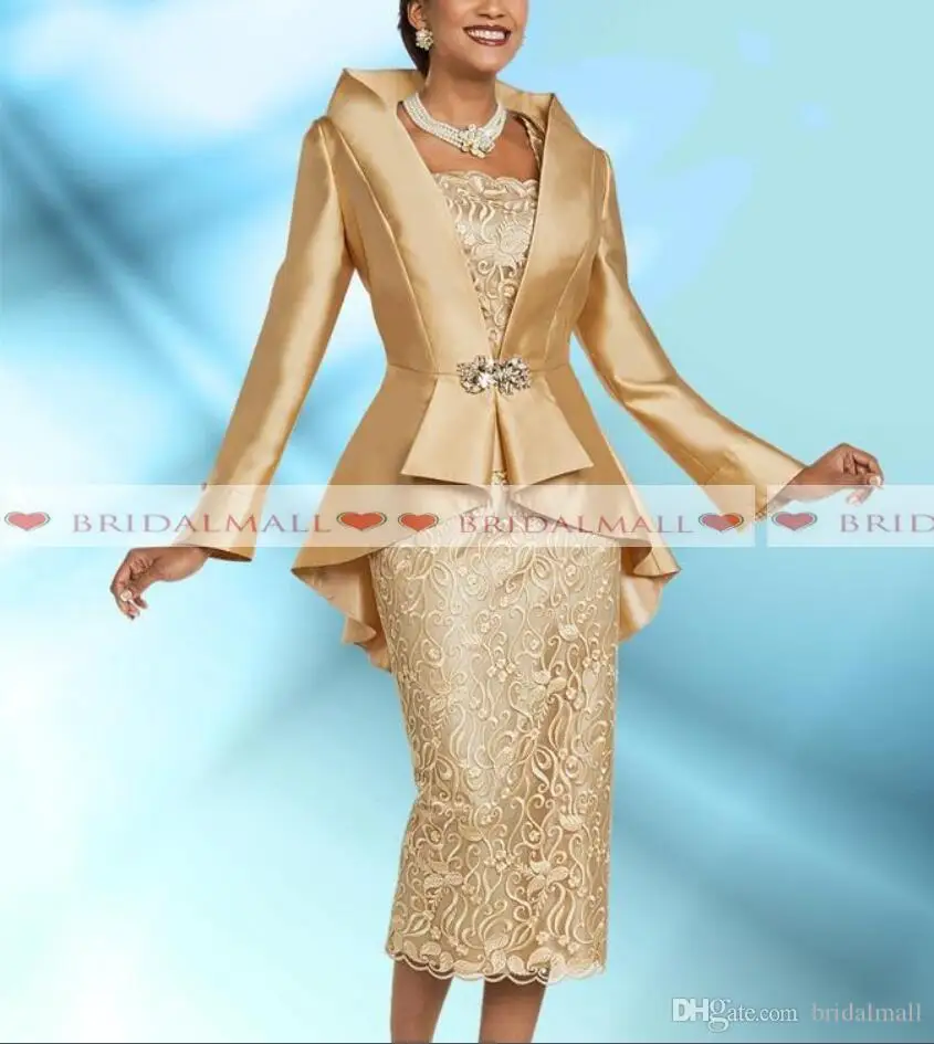 Plus Size Gold Moeder Van De Bruid Jurken Met Jacket Elegant Thee Lengte Lange Mouwen Bruiloft Gast Jurk Avondjurk jassen Plus Size Gold Moeder Van De Bruid Jurken Met Jacket Elegant Thee Lengte Lange Mouwen Bruiloft Gast Jurk Avondjurk jassen