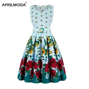 

50s Vintage Rockabilly Dress 2018 V Neck Floral Printed Sleeveless Big Swing Party Dresses Summer Clothes for Women With Belt