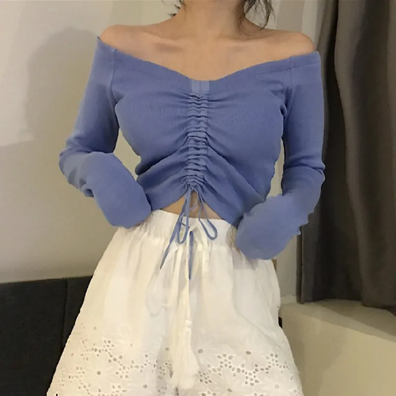 

Plus Size Women Sweater Sexy Long Sleeve Tops Slash Neck Sweaters Autumn Tops Lace-Up Jumper Sweaters