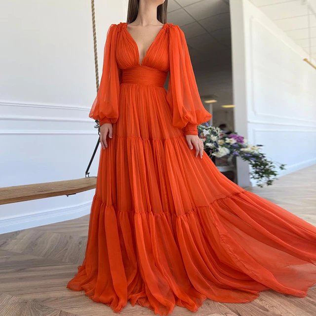 Vestido plisado gasa naranja para mujer, de noche de manga larga con cuello en V, corte en A, para fiesta de cumpleaños y Navidad, 2022 _ - AliExpress Mobile