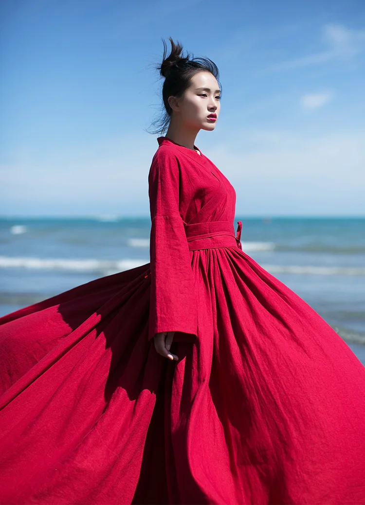 

Aransue Hanfu Linen Long Dress With Belt 2021 Spring And Summer New Retro Slim Long Sleeve Waist Closing Red Robe Female