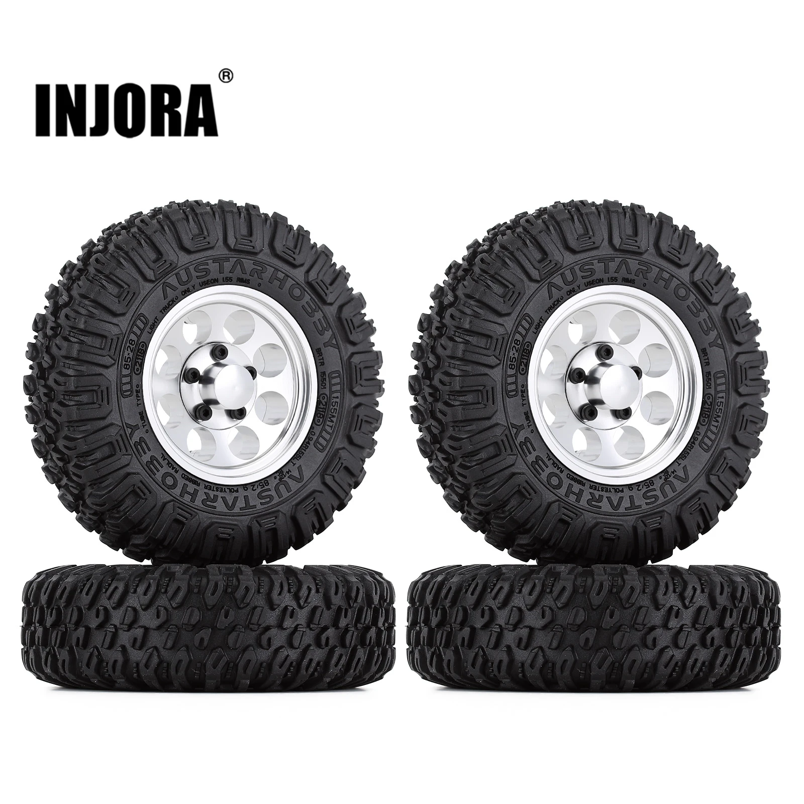 INJORA 85*28MM 1.55" CNC Metal Wheel Rims Tires Set for RC Crawler Car