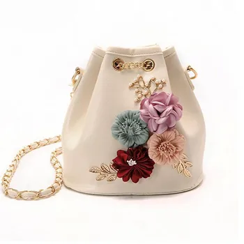 

Handmade Flowers Bucket Bags Mini Shoulder Bags With Chain Drawstring Small Crossbody Bags Pearl Bags Leaves Decals