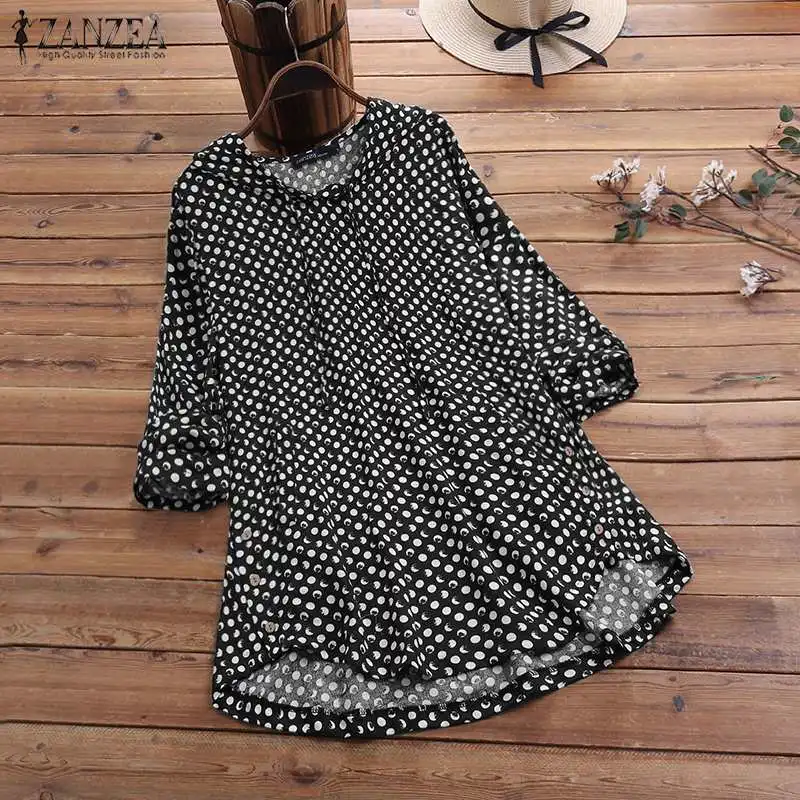  ZANZEA Women Hoodies Long Sleeve Blouse Autumn Vintage Polka Dot Shirts Casual Loose Tunic Tops Fem