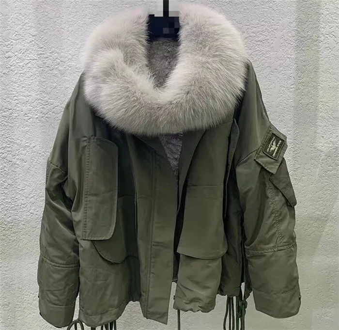 light gray Натуральный воротник из лисьего меха, подкладка из кроличьего меха, армейская зеленая парка, Женское пальто, Рождественская одежда, зимнее модное пальто из натурального меха, большие размеры - Цвет: light gray