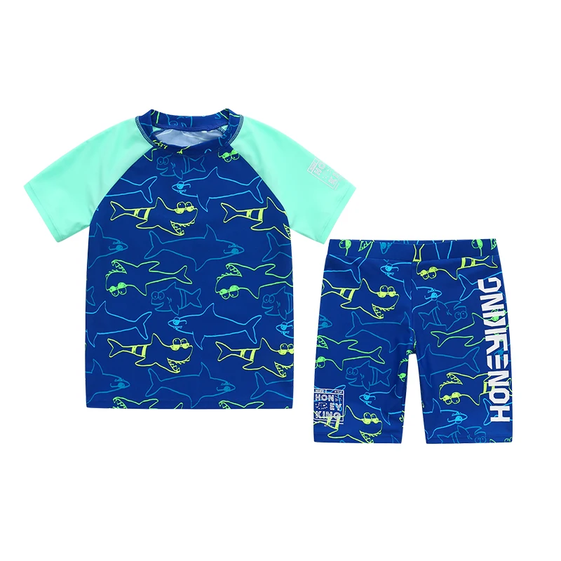 

HONEYKING Kids Set Boy Girl Blue Short Swimsuit Set Blue Cartoon Style Swimsuit Short Sleeve Short Pants For Children Clothing