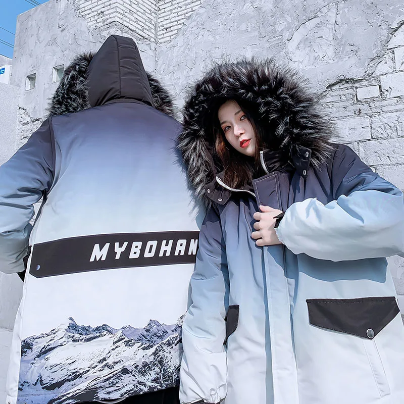 Зимняя парка в стиле хип-хоп для мужчин и женщин, индивидуальная куртка из хлопка с меховым воротником для Снежной Горы, уличная куртка в стиле Харадзюку с градиентом цвета