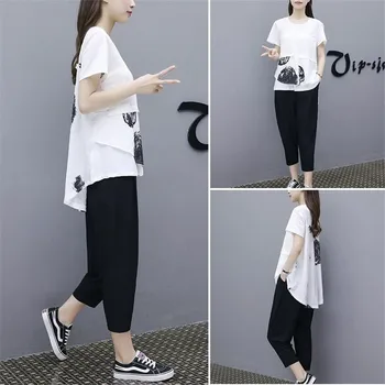 

2019 Summer Clothing Black White Tracksuits 2 Piece Set Women Pant Suits and Top Outfit Sportswear Fitness Set Plus Size