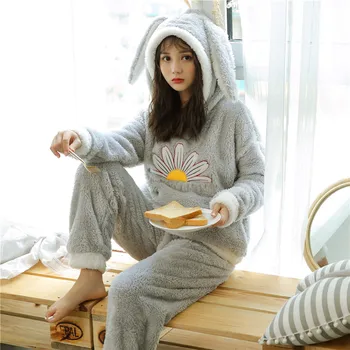 

Thick Warm Flannel Cute Cartoon Totoro Hooded Pajamas Sets Women Winter Long Sleeve Coral Velvet Sleepwear Pijama Mujer Homewear