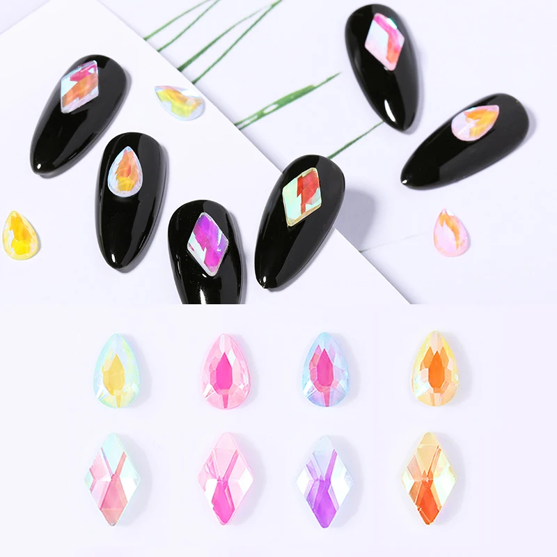 

10Pcs/Bag 3D Nail Art Decoration Waterdrop Rhombus Shaped Nail Rhinestone AB Color Drills Mixed Color Flat Back Nail Accessories