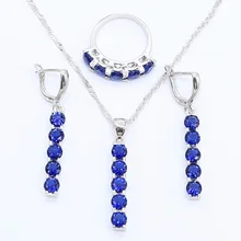 Синие камни комплекты украшений для женщин 925 Серебряное ожерелье длинные серьги с подвесками кольца Подарочная коробка