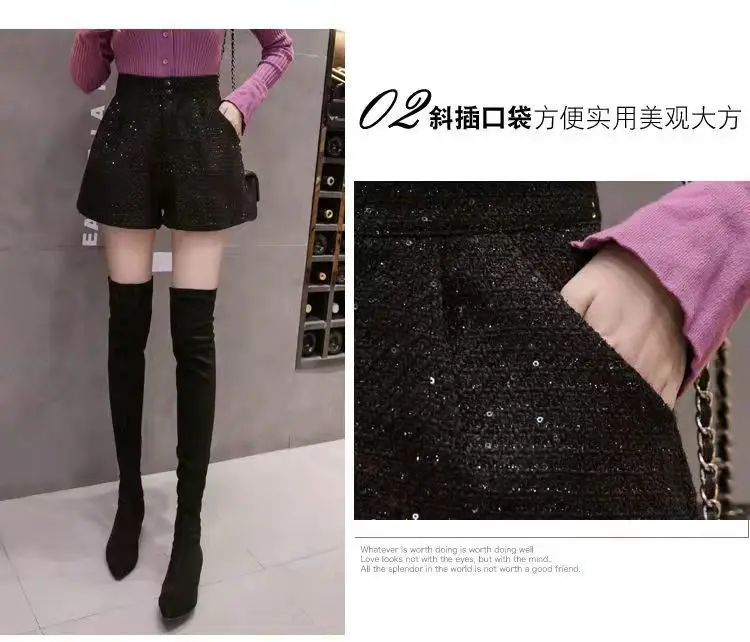 ladies clothes Rhinestones Tweed Shorts Women Autumn Winter Sequin Black Slim Woolen Shorts High Waist Loose Outerwear Wide Leg Straight Pants patagonia shorts