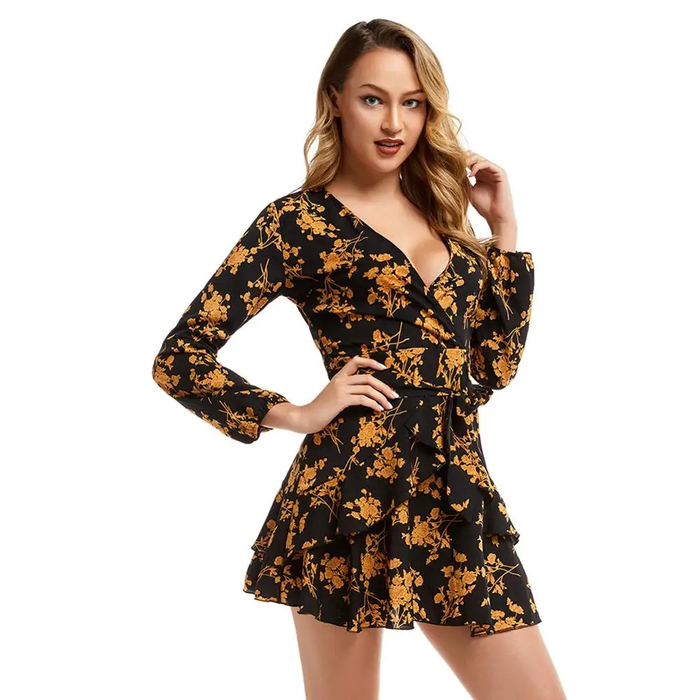 

Kureas Mini Dress Women Floral Printed Short Dresses Elegant Casual A Line Long Sleeve Sexy Deep V Neck Slim Fit Autumn Winter