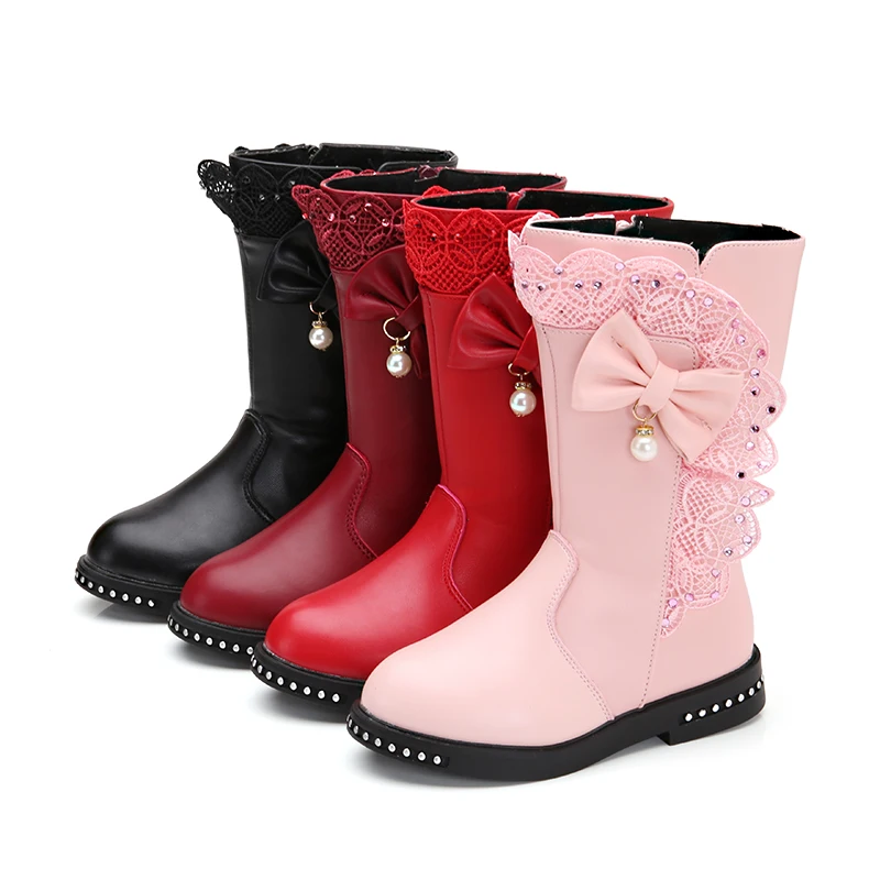 Baratos Princesa niñas botas niños zapatos nuevo invierno de felpa cálido arco moda Niña botas de nieve niños suave arco lindo niñas zapatos Tamaño 27 36