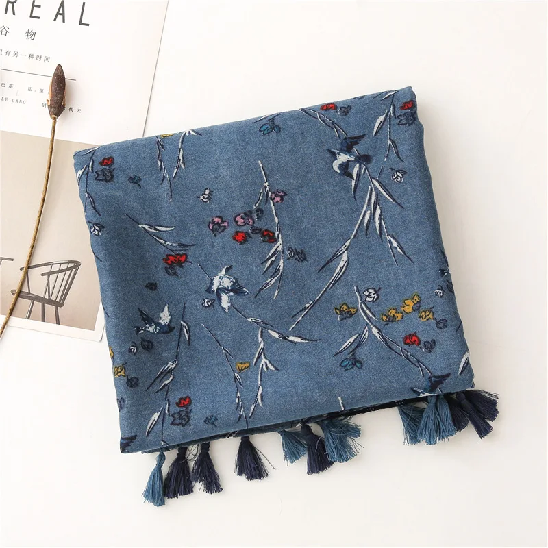 2024 Spanien Luxus Marke Marineblau Schöne Blumen Quaste Viskose Schal Schal Dame Hohe Qualität Wrap Stirnband Bufandas Moslemisches Hijab – Detail 25