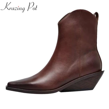 

krazing pot recommend genuine leather square high heel pointed toe zipper charming model runway vintage Chelsea ankle boots l63