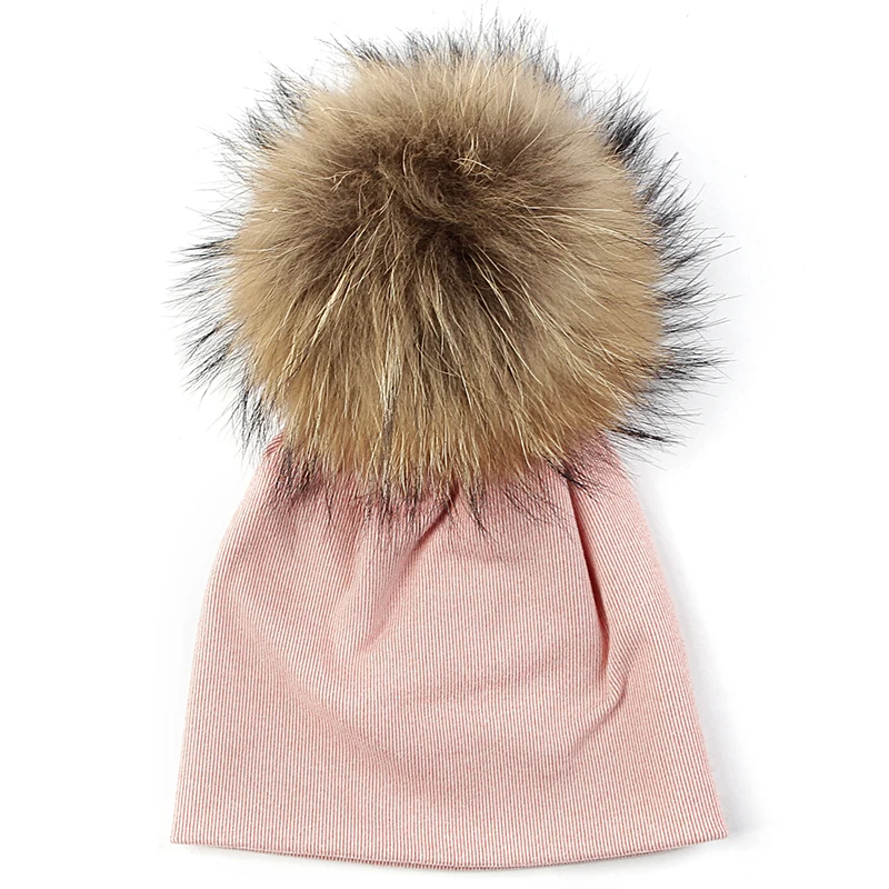 Geebro/Детские шапочки для мальчиков и девочек, зимние теплые шапочки для новорожденных, шапки унисекс с черепом для 0-9 месяцев, с помпоном из натурального меха 15 см - Цвет: dark pink natural