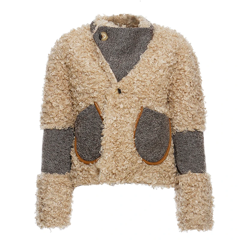 TWOTWINSTYLE Лоскутная овечья шерсть хит цвет пальто для женщин О-образный вырез длинный рукав винтажные куртки женская модная одежда