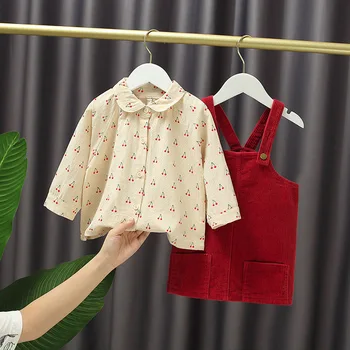 

Korean-style Corduroy Suspender Skirt Autumn New Girl's Sweet Cherry Shirt Skirt Suit Dress Pinafore Dress Print Cotton