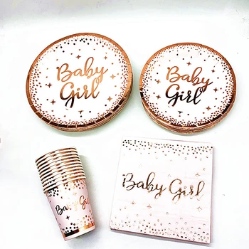 

Party Disposable Tableware Rose Gold Paper Cup Plate Straws Birthday Party Decor Kid Baby Shower Party Supplies Baby Girl xx140