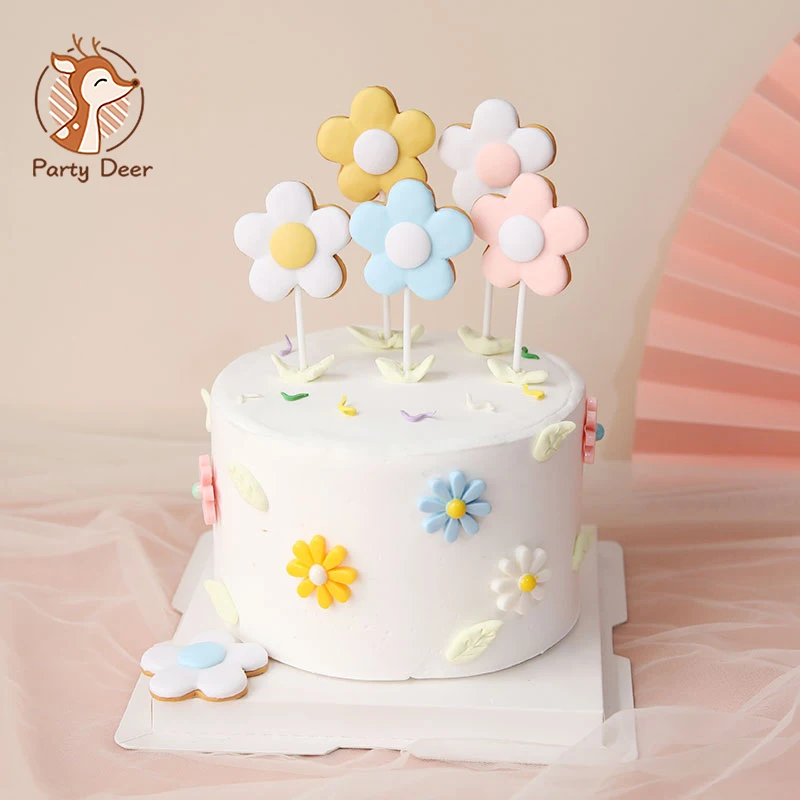 

6pc Colored flowers Happy Birthday Cake Topper soft pottery Birthday party Dessert decoration for Baby shower Baking supplies