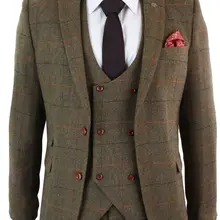 Мужской коричневый клетчатый костюм из 3 предметов с узором в елочку, приталенный двубортный жилет